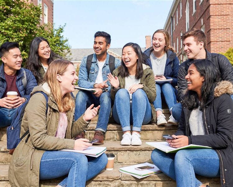 Students in West London outside a university building